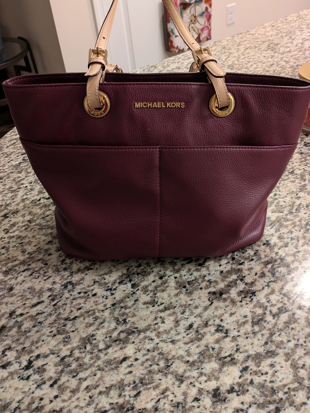 Michael Kors Women's Burgundy Leather Tote with Beige Handles